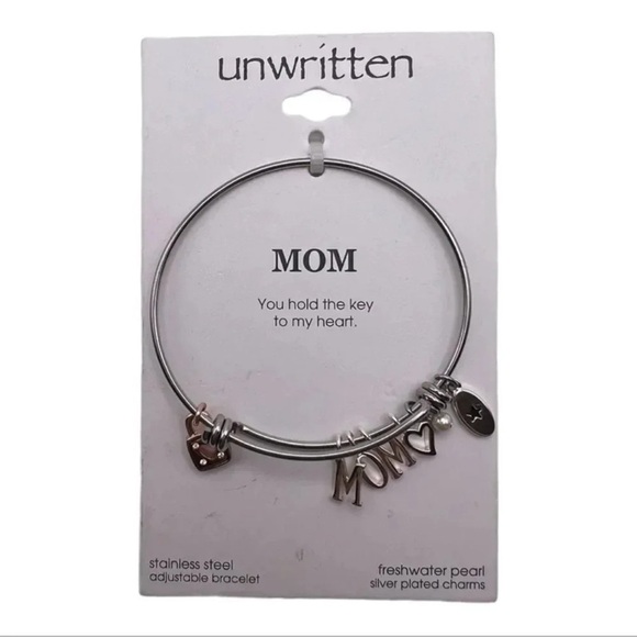 Mom Adjustable Bangle Bracelet Stainless Steel w/ Silver Plated Charms - Picture 2 of 3